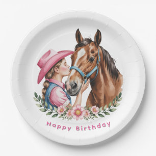 Pinkfarbene Cowgirl, die eine Pferd zum Geburtstag Pappteller