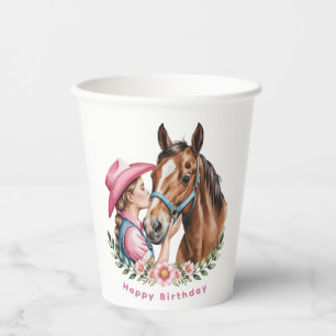Pinkfarbene Cowgirl, die eine Pferde-Geburtstagsfe Pappbecher