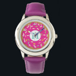Pinkfarbene Mädchenuhr mit niedlich rosa Sprinkler Armbanduhr<br><div class="desc">Pinkfarbene Mädchenuhr mit niedlich rosa Sprinklerwatte und individuelle Name-Monogramm. Personalisierte Armbanduhr für kleine Kinder. Fügen Sie Ihren eigenen Anfangsbuchstaben hinzu. Girly Design mit süßer Donuts und bunten Sprinklen. Auch schön wie Geburtstag oder Weihnachten Weihnachtsgeschenk für Tochter,  Enkelin,  Nichte,  Cousin,  Enkel,  Freund,  Stieftochter etc.</div>