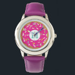 Pinkfarbene Mädchenuhr mit niedlich rosa Sprinkler Armbanduhr<br><div class="desc">Pinkfarbene Mädchenuhr mit niedlich rosa Sprinklerwatte und individuelle Name-Monogramm. Personalisierte Armbanduhr für kleine Kinder. Fügen Sie Ihren eigenen Anfangsbuchstaben hinzu. Girly Design mit süßer Donuts und bunten Sprinklen. Auch schön wie Geburtstag oder Weihnachten Weihnachtsgeschenk für Tochter,  Enkelin,  Nichte,  Cousin,  Enkel,  Freund,  Stieftochter etc.</div>