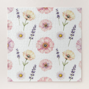 Pinkfarbene Mohn-Lavendel-Margerite Wasserfarbe-Fl Puzzle