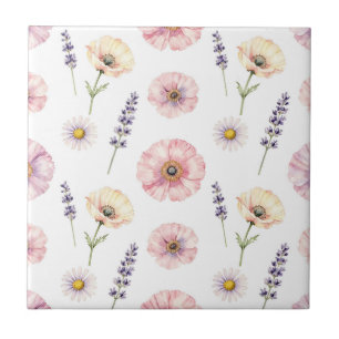 Pinkfarbene Mohn-Lavendel-Wasserfarben-Blumen Fliese