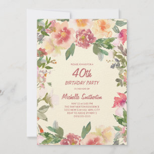 Pinkfarbene Pfirsich-Aquarell-Blumen zum 40. Gebur Einladung