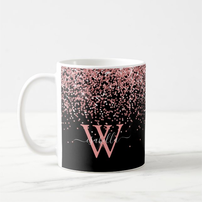 Pinkfarbene schwarze Glitter-Monogramm Kaffeetasse (Links)
