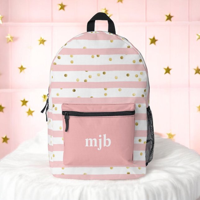 Pinkfarbene Streifen und Punkte mit Monogramm Nied Bedruckter Rucksack (Personalize with your monogram initials.)