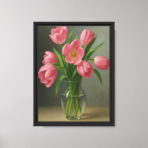Pinkfarbene Tulips in der Glasvase Leinwanddruck