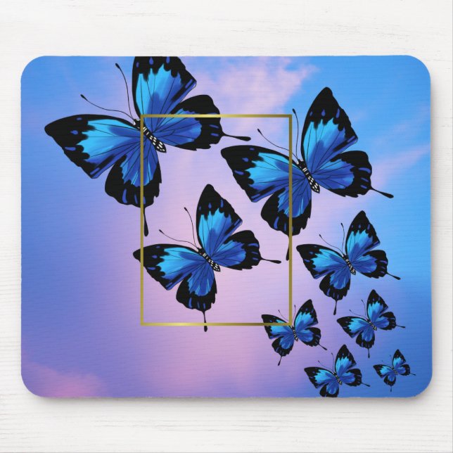 Pinkfarbene Wolken und blaue Schmetterlinge Maus P Mousepad (Vorne)