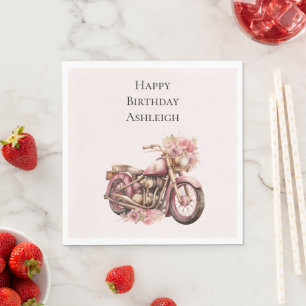 Pinkfarbener Blumen-Motorrad-Geburtstag Serviette