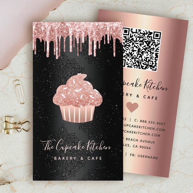 Pinkfarbener Cupcake Glittertropfen QR-Code Bakery Visitenkarte (Von Creator hochgeladen)