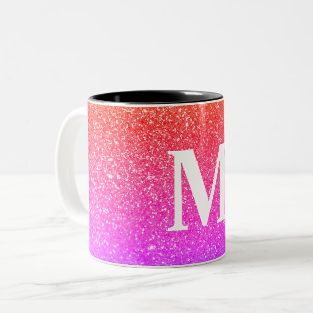 Pinkfarbener Glitzer mit Monogramm Zweifarbige Tasse (Vorderseite Links)