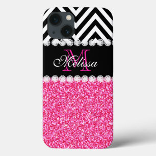PINKFARBENER GLITZER SCHWARZES CHEVRON-MONOGRAMM iPhone 13 HÜLLE