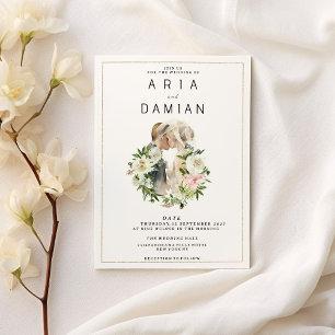 Pinkfarbenes blumenweißes Pärchen Foto Hochzeit Einladung