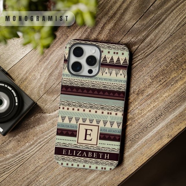 Pinkfarbenes, rosa, dunkelbraunes Aztekmuster iPhone Hülle (Customizable Pastel Pink Dark Brown Aztec Pattern iPhone Case)
