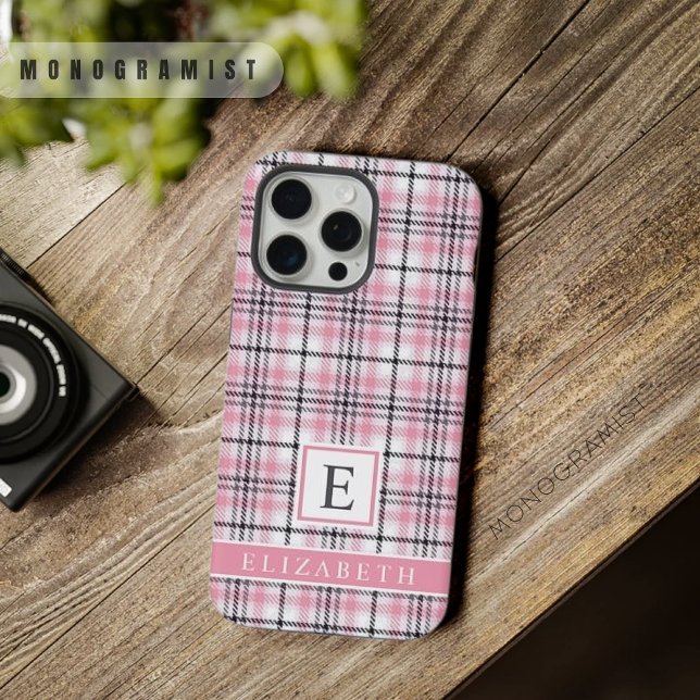 Pinkfarbenes, schwarz gekreuztes Muster iPhone Hülle (Customizable Pink White Black Checkered Pattern iPhone Case)