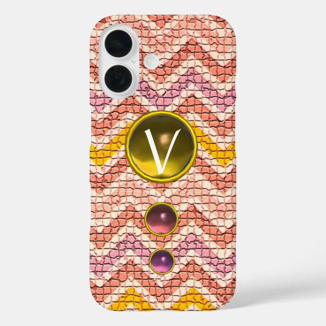 PINKGELBE GEMSTONEN UND MOSAISCHE CHEVRONS-MONOGRA Case-Mate iPhone HÜLLE (Rückseite)
