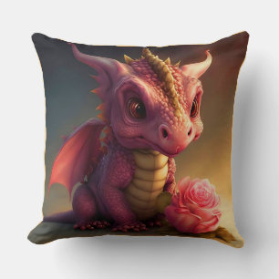 Pinkie - Rosa Drache mit einer Rose Wurf Kissen