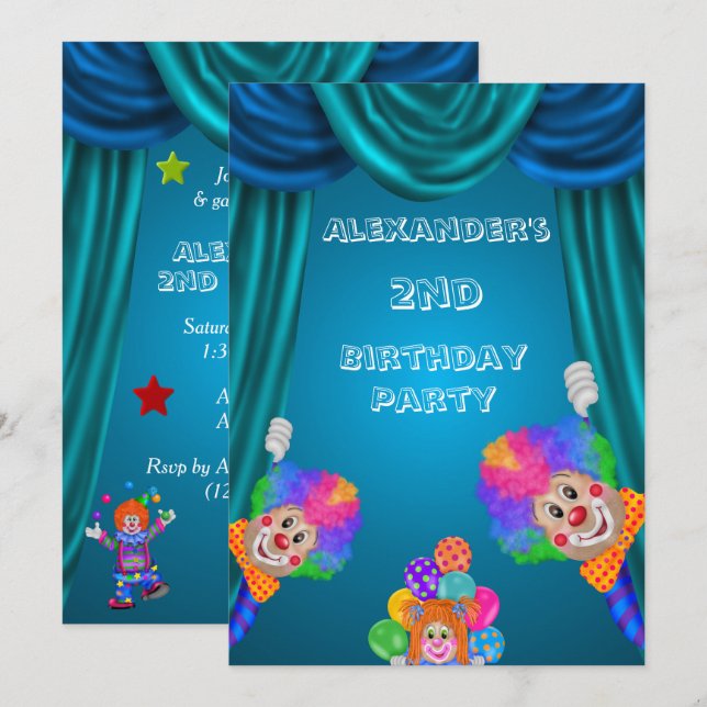 Pinking Clowns Boy's 2. Geburtstag doppelseitig Einladung (Vorne/Hinten)