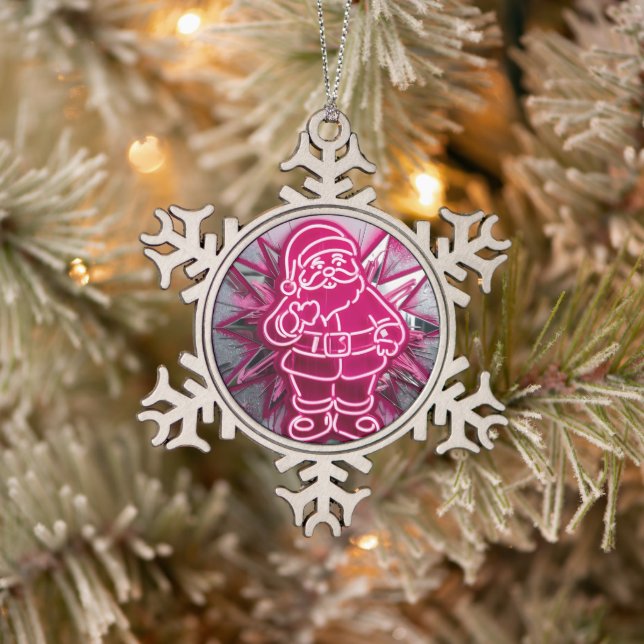 Pinkmas Santa – Neon Holiday Pop Art Schneeflocken Zinn-Ornament (Baum)