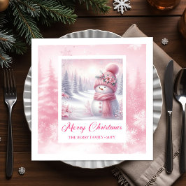 Pinkmas Snowman Christmas Scene Napkins Winter Serviette