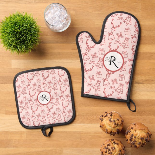 Pinkrosa-Monogramm Ofenhandschuh & Topflappen-Set (Oben Unten)