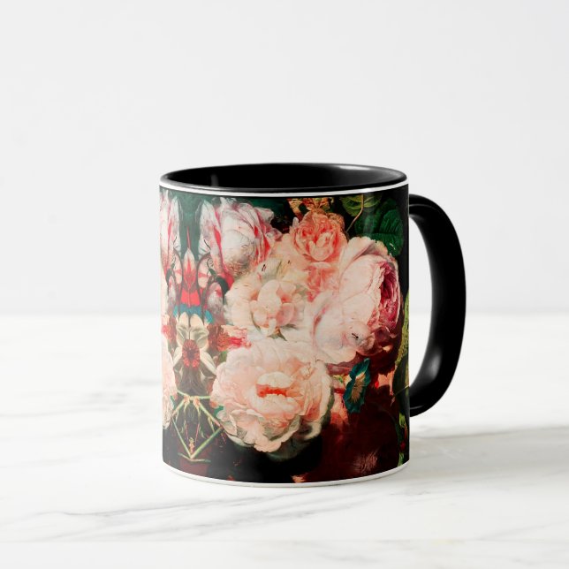 PINKROSEN, BLUME, MORGENE GLORIEN UND SCHALTFLÄCHE TASSE (VorderseiteRechts)