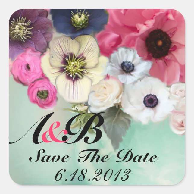 PINKROSEN UND ANEMONEN-BLUME Save the Date Quadratischer Aufkleber (Vorderseite)