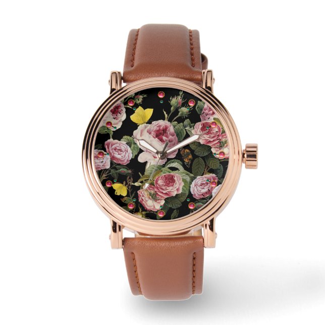 PINKROSEN UND GELBE SCHALTFLÄCHEN Schwarze Blüte Armbanduhr (Vorderseite)