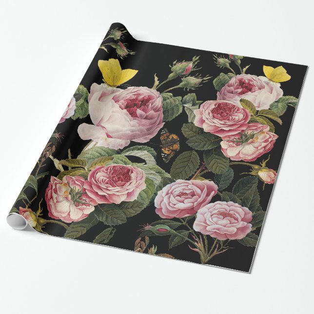PINKROSEN UND GELBE SCHALTFLÄCHEN Schwarze Blüte Geschenkpapier (Ungerollt)