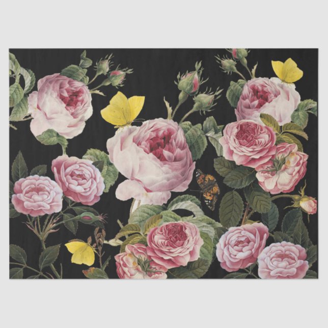 PINKROSEN UND GELBE SCHALTFLÄCHEN Schwarze Blüte Seidenpapier (Vorderseite)