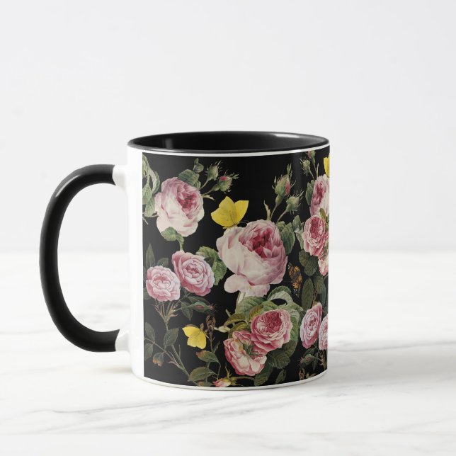 PINKROSEN UND GELBE SCHALTFLÄCHEN Schwarze Blüte Tasse (Links)