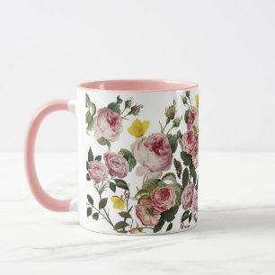 PINKROSEN UND GELBEN SCHALTFLÄDEN Weiße Blüte Tasse