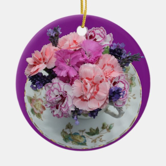 Pinks Nelken im Teacup Keramik Ornament (Vorne)