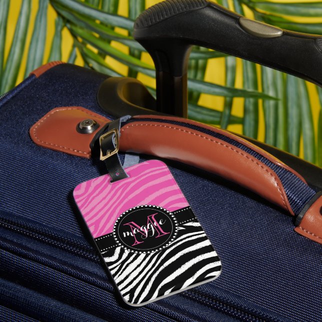 Pinku. Schwarzeszebra-Druck-Monogramm girly2 Gepäckanhänger (Vorderseite Insitu 1)