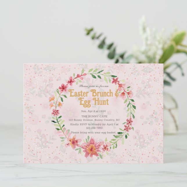 Pinky Foral Oaster Brunch Ei Hunt Einladung (Stehend Vorderseite)