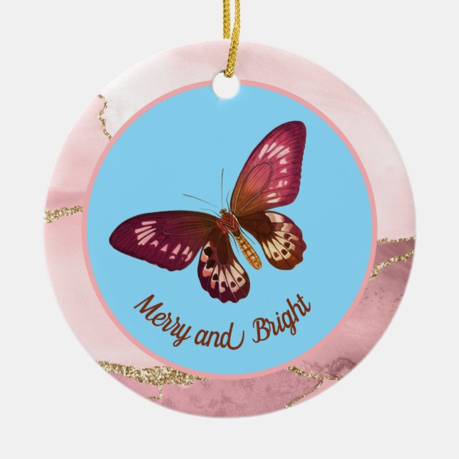 Pinky Peach Butterfly auf Blue Sky Merry und Brigh Keramik Ornament (Vorne)