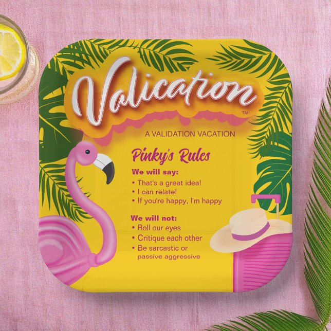 Pinky Validation Vacation Pappteller (Make an inspiring tablescape with this pink flamingo (PINKY) with handy reminders to be positive.)