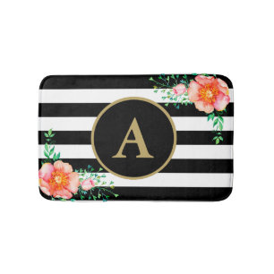 Pinl Floral Bold Schwarz-weiß Stripe Gold Monogram Badematte