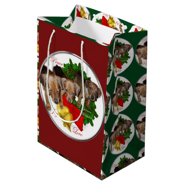 Pinscher Puppys Weihnachten Mittlere Geschenktüte (Rückseite Schrägansicht)