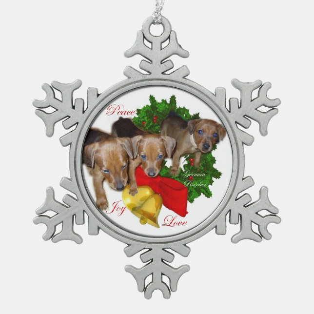Pinscher Puppys Weihnachten Schneeflocken Zinn-Ornament (Vorderseite)