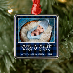 Pinsel Schrift Blau Kariert Froh und Hell Baby Ornament Aus Metall