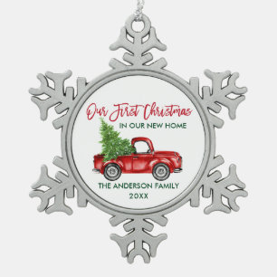 Pinsel Schrift Erstes Weihnachten Neues Zuhause LK Schneeflocken Zinn-Ornament