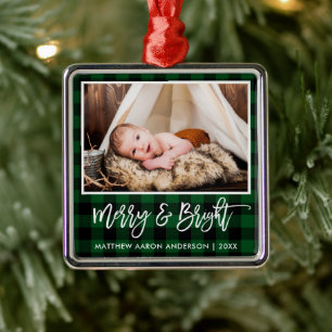 Pinsel Schrift Grün Kariert Froh und Hell Baby Ornament Aus Metall