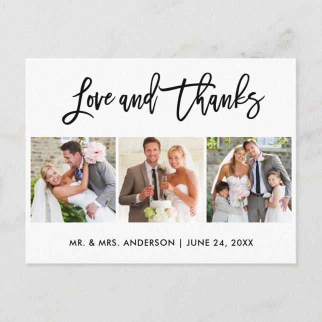Pinsel Schrift Liebe und Dank Hochzeit 3 Foto Postkarte (Vorderseite)