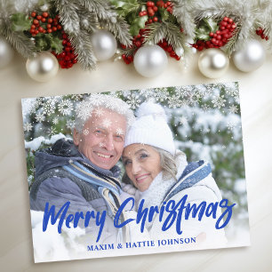 Pinsel Schrift Merry Christmas Schneeflocken Foto Feiertagspostkarte