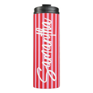 Pinsel Schrift Personalized Rosa und Rote Streifen Thermosbecher
