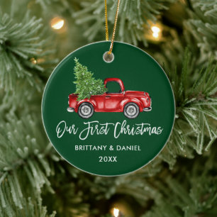 Pinsel Schrift Vintage-LKW Erstes Weihnachten Grün Keramik Ornament