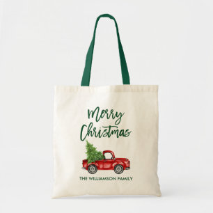 Pinsel Schrift Vintage Roter LKW Grün Weihnachten Tragetasche