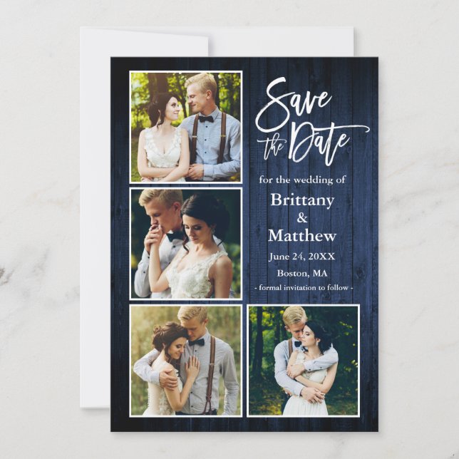 Pinsel Script Blue Wood Couple 4 Foto Save The Date (Vorderseite)
