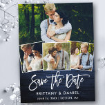 Pinsel Script Blue Wood Save the Date 4 Foto Postkarte<br><div class="desc">Moderne Pinselschrift Rustikales blaues Holz 4 Foto Save the Date Postkarte</div>