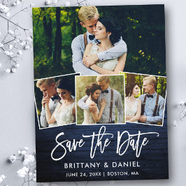 Pinsel Script Blue Wood Save the Date 4 Foto Postkarte